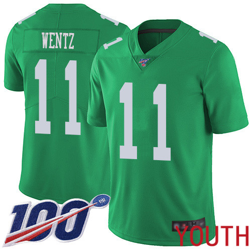 Youth Philadelphia Eagles #11 Carson Wentz Limited Green Rush Vapor Untouchable NFL Jersey 100th Season